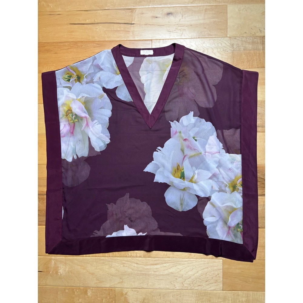 Ted Baker Kaftan Top Womens L Mauve Floral V-Neck Sheer Boxy Poncho Blouse